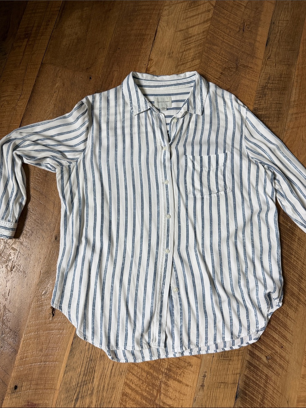 American Eagle Outfitters White Button-Down Shirt with Blue Stripes
